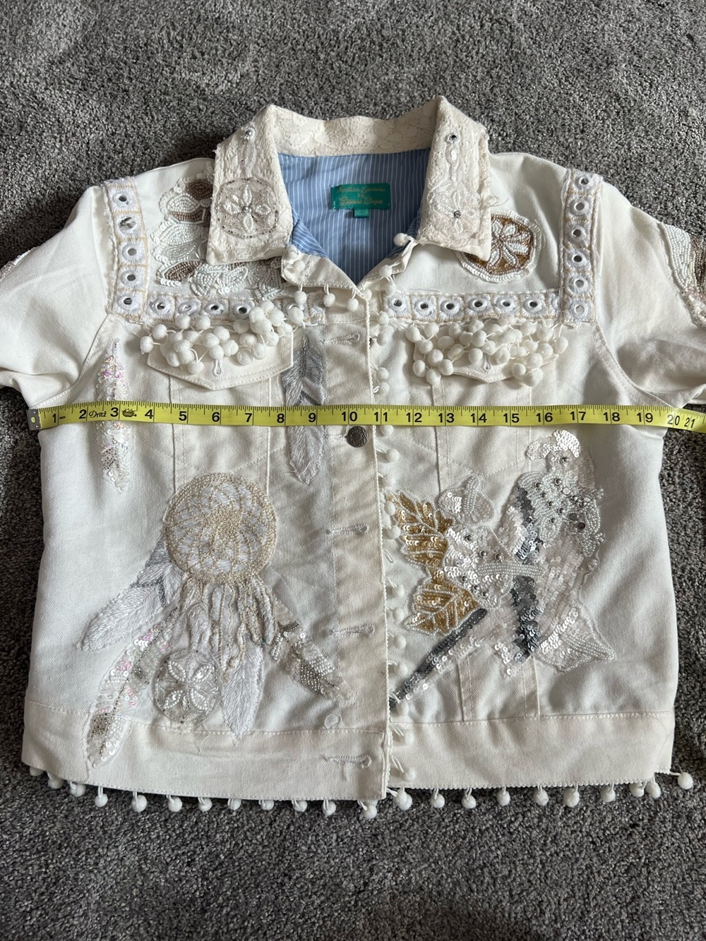 Antica Santoria Embellished White  Denim Jacket with Pom Pom Details - Picture 6 of 15